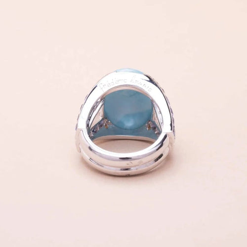 Bague 55 Bague chevalière en or blanc 18K avec larimar, saphirs et diamants 58 Facettes 762729