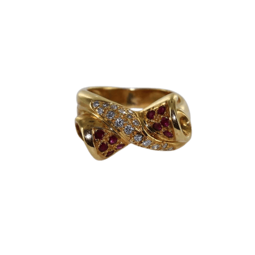 Bague 56 Bague croisée nœud en or jaune, diamants et rubis 58 Facettes