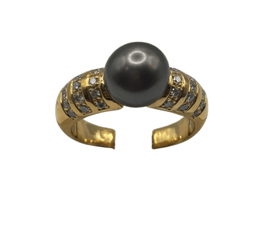 Bague 63 Bague perle de Tahiti et diamants en or jaune 18 carats 58 Facettes