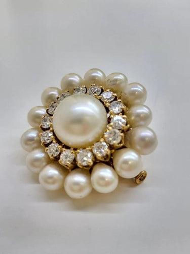 Broche Broche en or jaune 18 carats avec perles de culture et diamants 58 Facettes