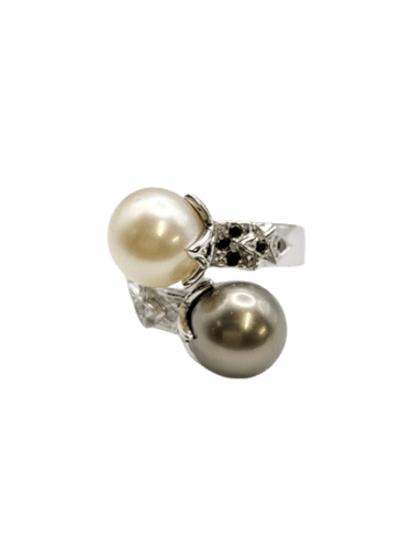 Bague 57 Bague Toi & Moi en or blanc 18 carats avec perles et diamants 58 Facettes