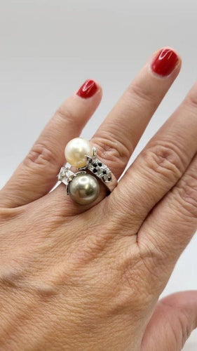 Bague 57 Bague Toi & Moi en or blanc 18 carats avec perles et diamants 58 Facettes