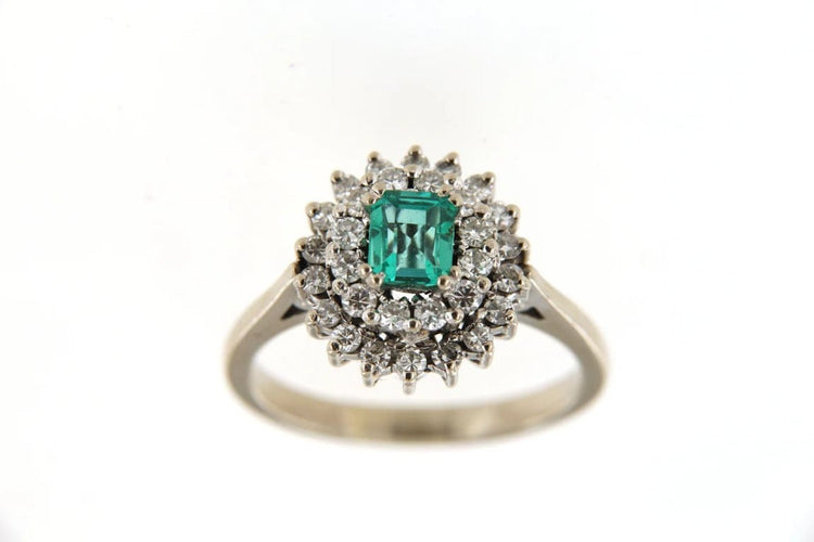 Bague 57 Bague marguerite en or gris 18 carats, émeraude et diamants 58 Facettes 5792t