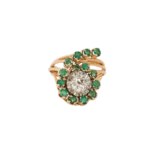 Bague 52.5 Bague en or jaune 18k et platine avec diamant et émeraudes 58 Facettes LOT 814