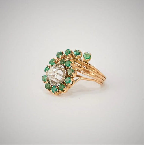 Bague 52.5 Bague en or jaune 18k et platine avec diamant et émeraudes 58 Facettes LOT 814