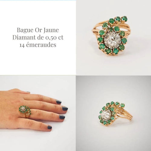 Bague 52.5 Bague en or jaune 18k et platine avec diamant et émeraudes 58 Facettes LOT 814