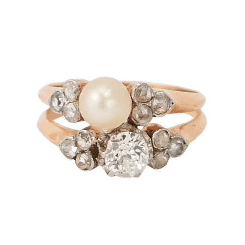 Bague 47.5 Bague toi & moi ancienne en or rose 18k, platine, perle et diamants 58 Facettes LOT 3096