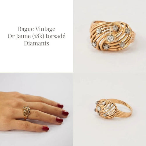 Bague 59 Bague vintage bombée en or jaune 18k et diamants 58 Facettes LOT 491