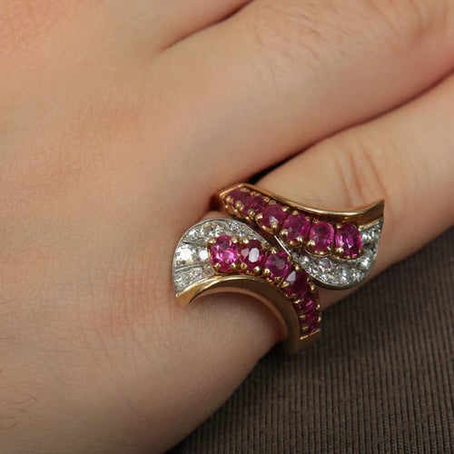 Bague 52 Bague Toi & Moi fleur d’arum en or jaune 18K, platine, rubis et diamants 58 Facettes