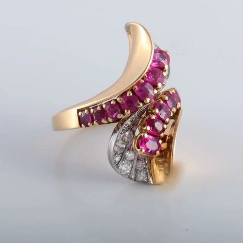 Bague 52 Bague Toi & Moi fleur d’arum en or jaune 18K, platine, rubis et diamants 58 Facettes