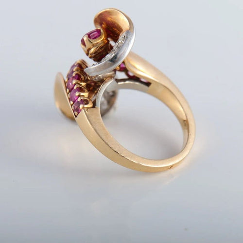 Bague 52 Bague Toi & Moi fleur d’arum en or jaune 18K, platine, rubis et diamants 58 Facettes