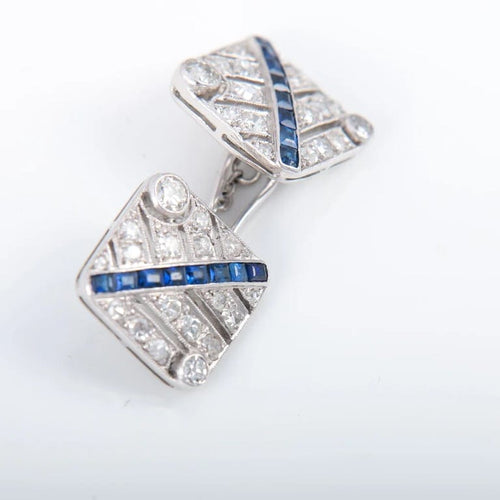Boutons de manchette Boutons de manchette en platine - Diamants taille ancienne et saphirs 58 Facettes