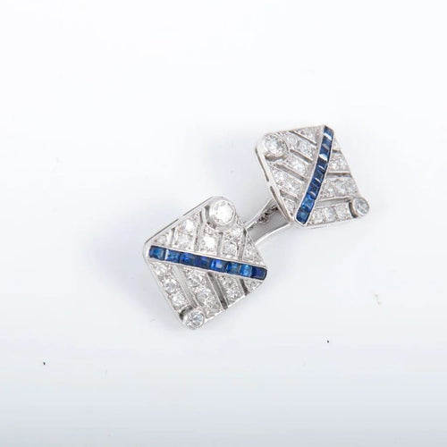 Boutons de manchette Boutons de manchette en platine - Diamants taille ancienne et saphirs 58 Facettes