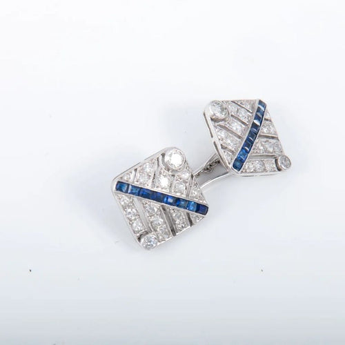 Boutons de manchette Boutons de manchette en platine - Diamants taille ancienne et saphirs 58 Facettes