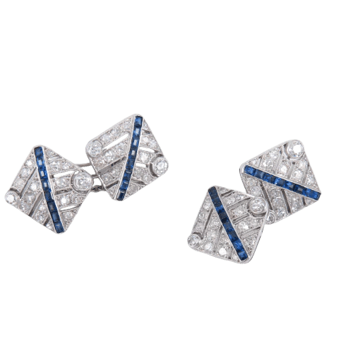 Boutons de manchette Boutons de manchette en platine - Diamants taille ancienne et saphirs 58 Facettes