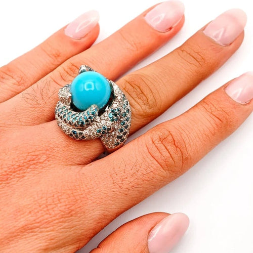 Bague 55 Bague en or blanc 18 carats avec diamants et turquoise 58 Facettes
