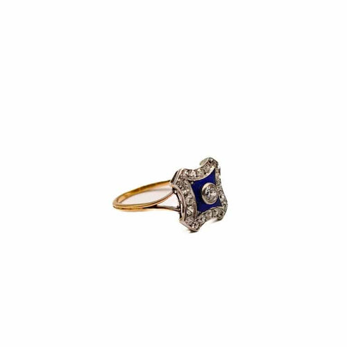 Bague 57 Bague Art déco en or jaune et platine avec diamants et émail 58 Facettes 21000720