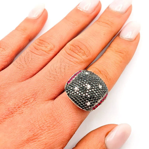 Bague 54 Bague habillée en or blanc 18 carats, diamants noirs, diamants et rubis 58 Facettes 21006500