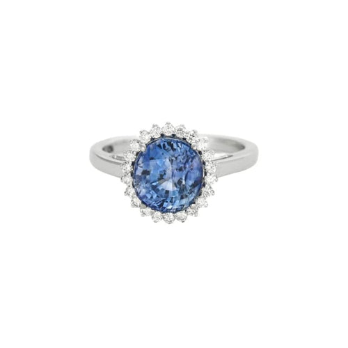 Bague 53 Bague marguerite en or blanc 18K avec saphir de Ceylan 4,09 ct 58 Facettes