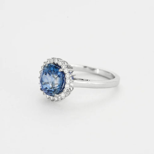 Bague 53 Bague marguerite en or blanc 18K avec saphir de Ceylan 4,09 ct 58 Facettes