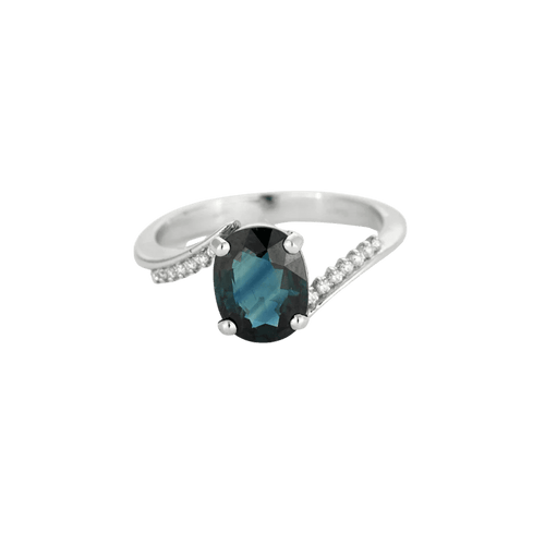 Bague 55 Bague en or blanc 18K avec saphir vert/bleu et diamants 58 Facettes