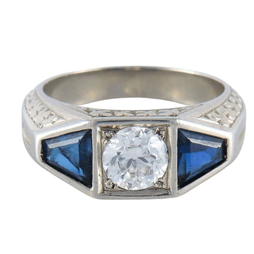 Bague 47.5 Bague chevalière Art déco en or gris 18 carats, diamant et saphirs 58 Facettes