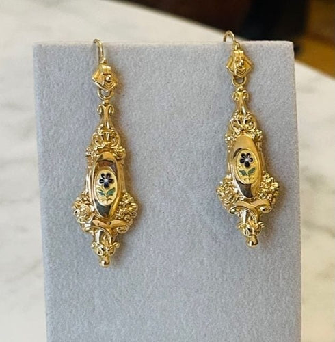 Boucles d'oreilles Pendants d'oreilles anciens en or jaune 18 carats émaillés 58 Facettes