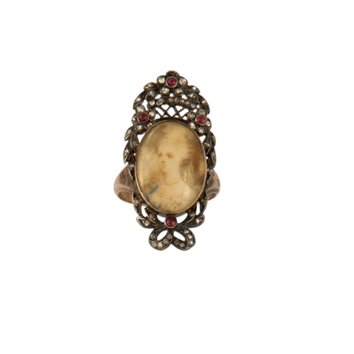 Bague 49 Bague à portrait - Bague en or rose 14 carats, diamants et rubis 58 Facettes