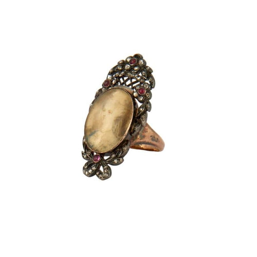 Bague 49 Bague à portrait - Bague en or rose 14 carats, diamants et rubis 58 Facettes