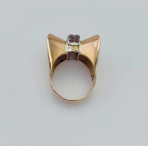 Bague 51 Bague nœud tank Art déco en or jaune 18K et rubis 58 Facettes