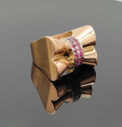 Bague 51 Bague nœud tank Art déco en or jaune 18K et rubis 58 Facettes