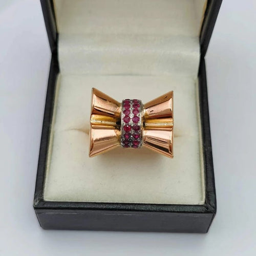 Bague 51 Bague nœud tank Art déco en or jaune 18K et rubis 58 Facettes