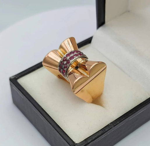 Bague 51 Bague nœud tank Art déco en or jaune 18K et rubis 58 Facettes