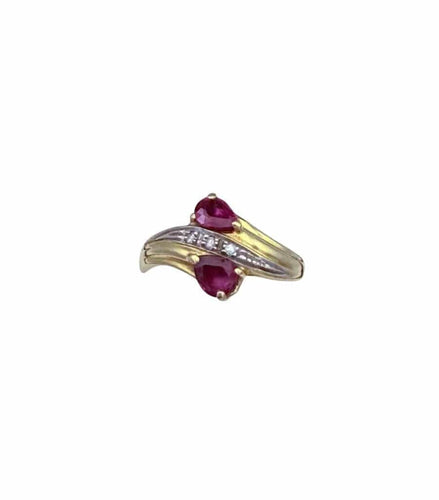 Bague 52.5 Bague Toi & Moi vintage en or jaune 18K avec rubis poire et diamants 58 Facettes