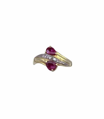 Bague 52.5 Bague Toi & Moi vintage en or jaune 18K avec rubis poire et diamants 58 Facettes