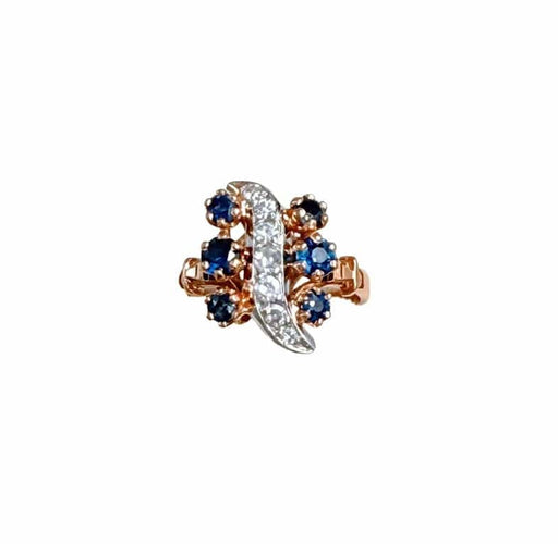 Bague 52 Bague rétro cocktail en or jaune 18K et platine, saphirs et diamants 58 Facettes