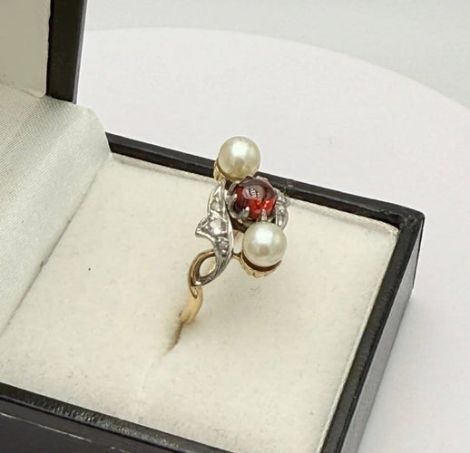 Bague 53 Bague trilogie ancienne en or 18K avec perles, grenat et diamants 58 Facettes