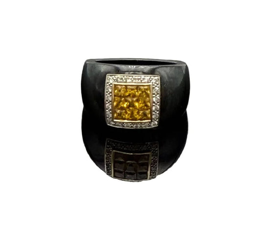 Bague 54 Guy Laroche - Bague en céramique noire en or jaune 18K, citrines et diamants 58 Facettes