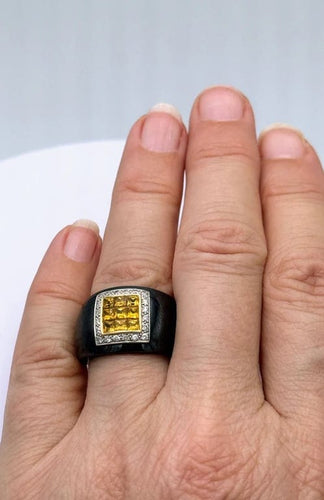Bague 54 Guy Laroche - Bague en céramique noire en or jaune 18K, citrines et diamants 58 Facettes