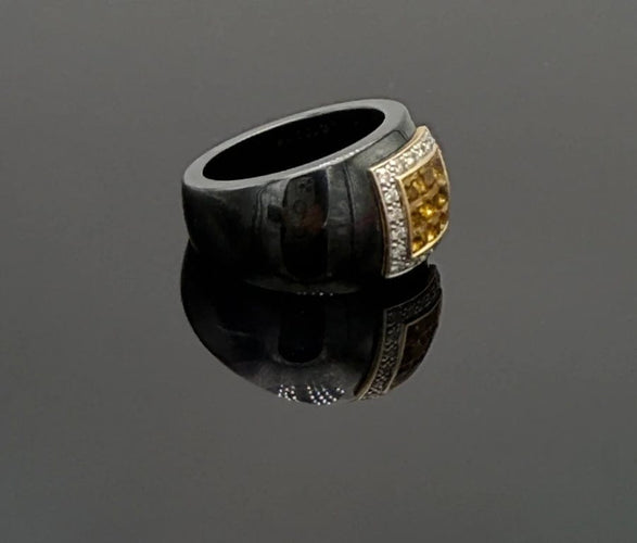 Bague 54 Guy Laroche - Bague en céramique noire en or jaune 18K, citrines et diamants 58 Facettes