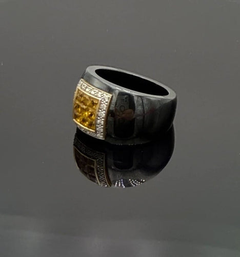 Bague 54 Guy Laroche - Bague en céramique noire en or jaune 18K, citrines et diamants 58 Facettes