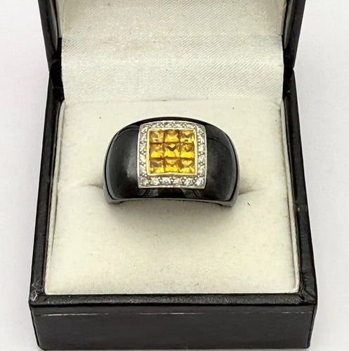 Bague 54 Guy Laroche - Bague en céramique noire en or jaune 18K, citrines et diamants 58 Facettes