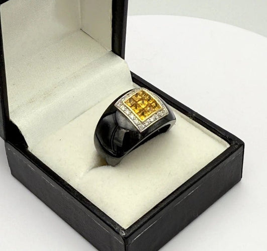 Bague 54 Guy Laroche - Bague en céramique noire en or jaune 18K, citrines et diamants 58 Facettes