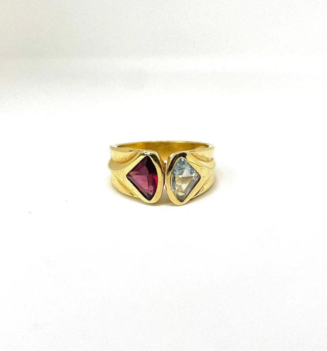 Bague 55 Bague toi et moi en or jaune 18 carats tourmaline et aigue-marine 58 Facettes