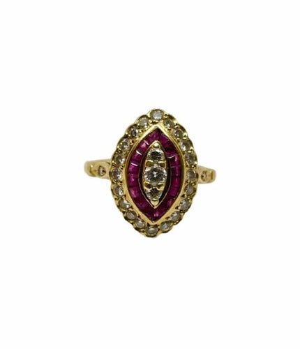 Bague 54 Bague marquise Art déco en or jaune 18K, diamants et rubis 58 Facettes
