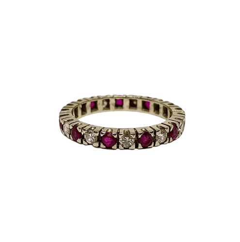Bague 58 Bague tour complet en or gris 18K, diamants et rubis 58 Facettes