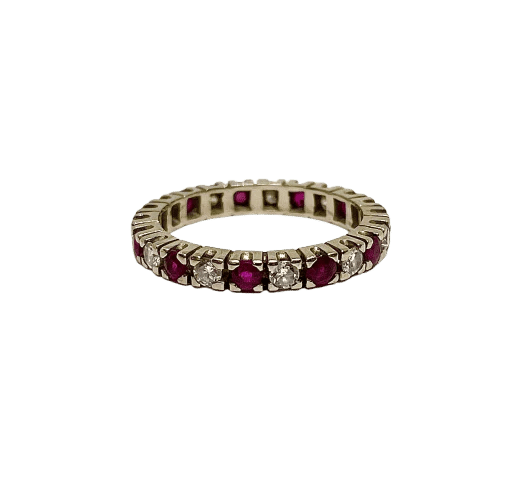 Bague 58 Bague tour complet en or gris 18K, diamants et rubis 58 Facettes