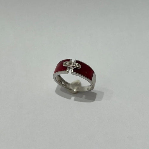 Bague 52 Bague en or blanc 18 carats avec résine rouge et diamants 58 Facettes