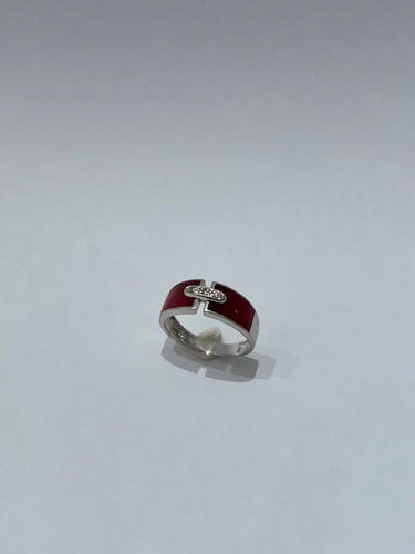 Bague 52 Bague en or blanc 18 carats avec résine rouge et diamants 58 Facettes