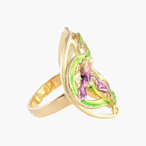 Bague 55 Bague style Art nouveau Iris en or jaune 18K et laque 58 Facettes